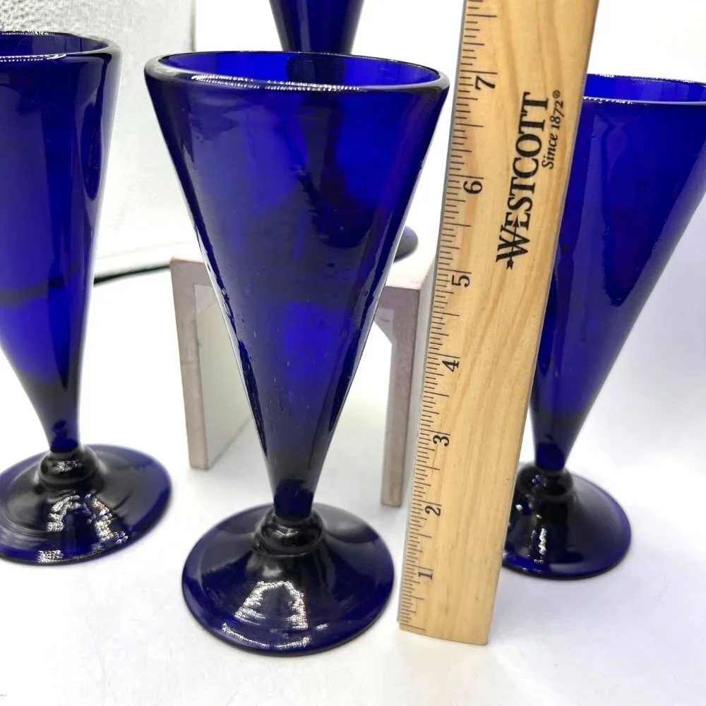 Vintage retro Set Of 4 Cobalt Blue Wine Engraved Bristol Glasses